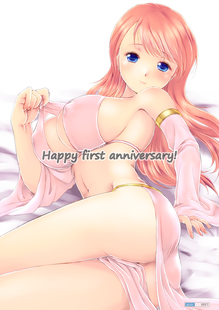 ass bed_sheet bikini_top blue_eyes blush breasts cleavage covered_nipples detached_sleeves english fingernails large_breasts light_smile long_fingernails long_hair long_sleeves looking_at_viewer lying navel on_side pink_hair sideboob solo strap_pull tabard text_focus white_background yagisaka_seto