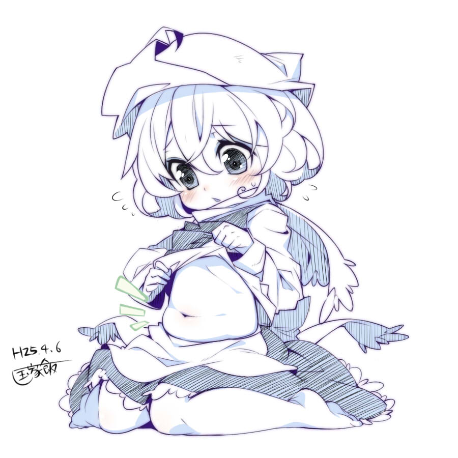 belly blush child flat_chest flying_sweatdrops hat kokka_han letty_whiterock long_sleeves monochrome navel shirt_lift simple_background sitting sketch solo spot_color touhou wariza weight_conscious white_background younger