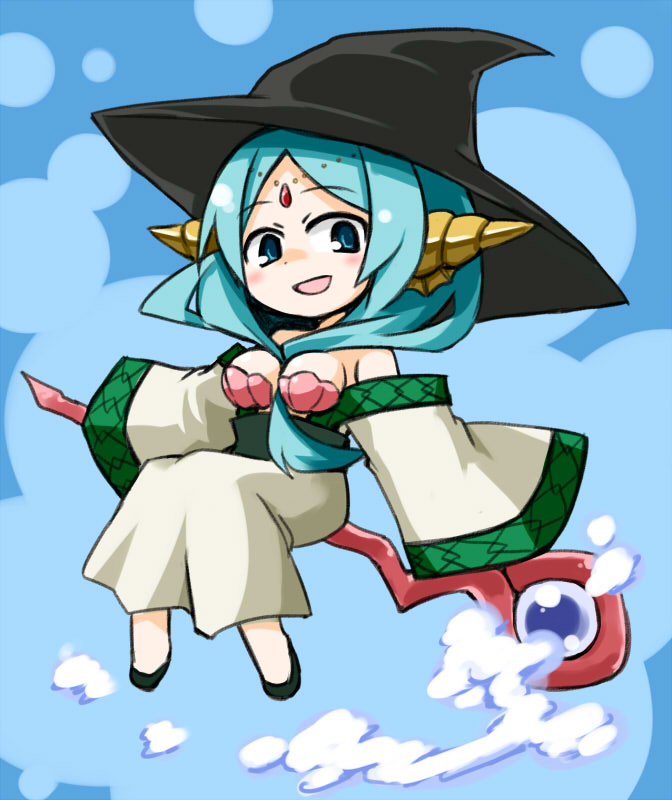 bare_shoulders between_breasts blue_eyes blue_hair breasts chibi dress front_ponytail hat jewelry kugelschreiber magi_the_labyrinth_of_magic shell shell_bikini sidesaddle solo staff witch_hat yamuraiha