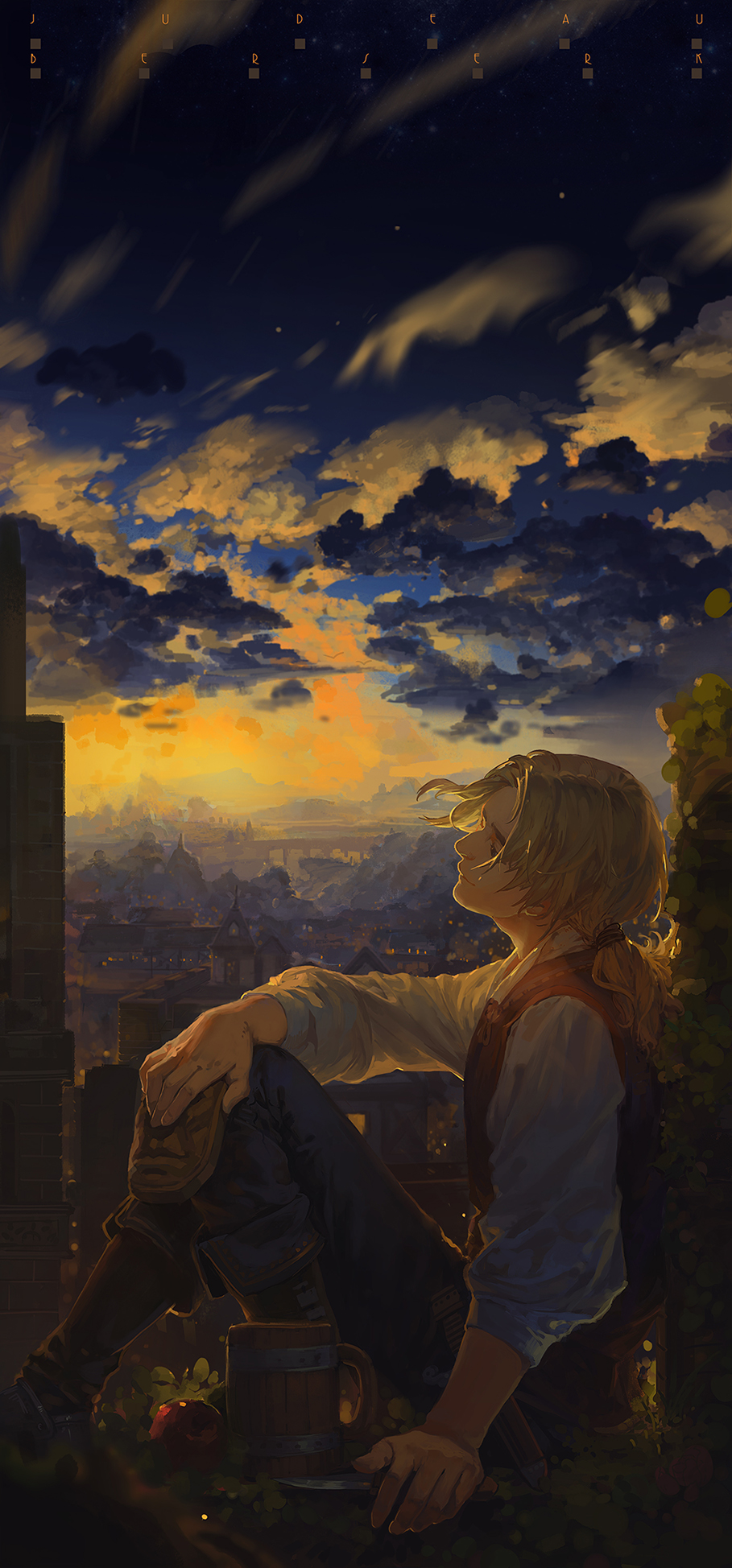 apple berserk blonde_hair boots city cityscape cloud cloudy_sky cup flower food fruit highres hunsay judeau knife landscape low_ponytail mug ponytail rose scenery sitting sky smile solo