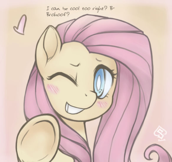 blush cyan_eyes english_text equine female feral fluttershy_(mlp) friendship_is_magic fur hair hooves horse long_hair looking_at_viewer mammal my_little_pony one_eye_closed pegasus pink_hair pony signature simple_background smile solo soulspade teeth text wings yellow_fur