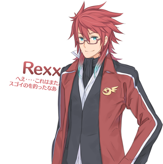 aqua_eyes aqua_hair character_name glasses kuroboshi_kouhaku looking_at_viewer male_focus multicolored_hair official_art red-framed_eyewear red_hair rexx smile solo summon_night summon_night_3 summon_night_5 translation_request transparent_background