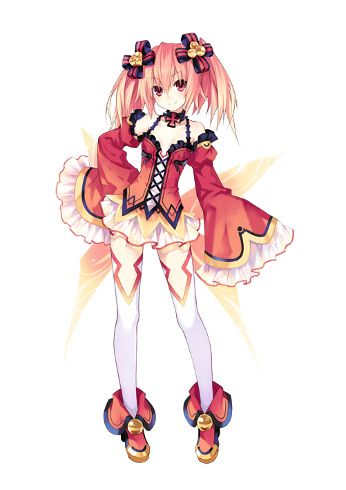 alyn_(fairy_fencer_f) bare_shoulders choker detached_sleeves fairy_fencer_f frilled_skirt frills lolita_fashion long_sleeves miniskirt official_art pink_eyes pink_hair red_eyes red_hair red_skirt skirt smile solo standing thighhighs tsunako twintails white_legwear