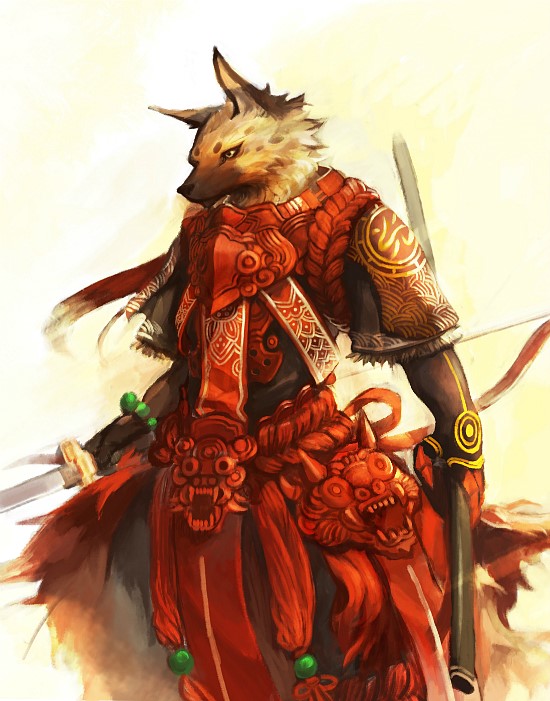 anthro armor canine hyena katana male mammal moodraw pose solo sword weapon
