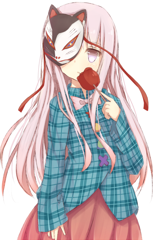 bad_id bad_pixiv_id bow bowtie candy_apple expressionless food fox_mask hata_no_kokoro long_hair long_sleeves looking_at_viewer mask peta_(petalol) pink_eyes pink_hair plaid plaid_shirt shirt simple_background skirt solo touhou very_long_hair white_background wide_sleeves