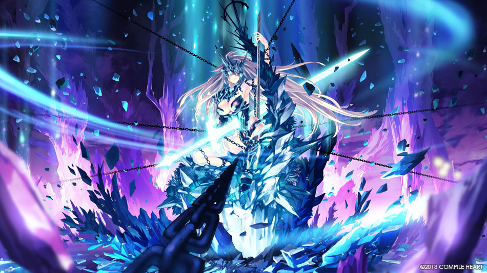 aurora bound breasts chain chained character_request concept_art fairy_fencer_f from_side ice large_breasts long_hair magic night night_sky official_art profile purple_hair sky solo sparkle star_(sky) starry_sky sword tsunako weapon