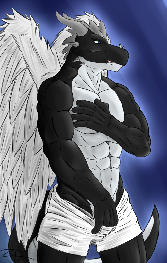 anthro biceps big_muscles black_dragon black_skin blue_background blue_eyes clothing dragon fangs feathers front grey_hair grey_skin grope hair horn male muscles pants pants_down panty_pull pec_grasp pecs plain_background pose rega reptile scales scalie shorts solo standing teeth toned topless undressing white_hair white_skin wings xxzerkkandragonxx