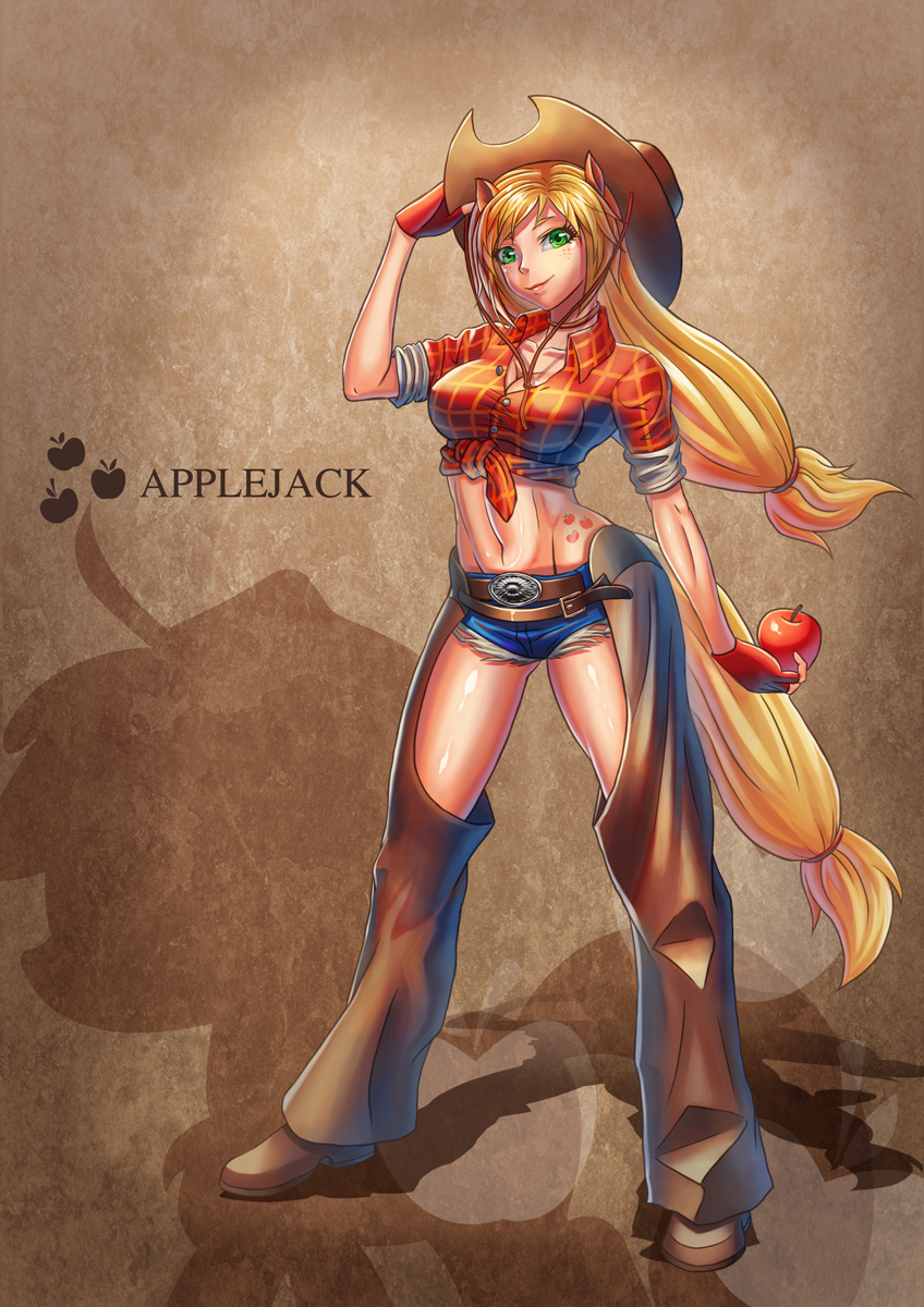 animal_ears apple applejack blonde_hair breasts chaps character_name choker cleavage cowboy_hat cutie_mark cutoffs denim denim_shorts dual_persona fingerless_gloves food freckles front-tie_top fruit full_body gloves green_eyes hat highres horse horse_ears horse_girl horse_tail large_breasts legs_apart long_hair low-tied_long_hair micro_shorts midriff my_little_pony my_little_pony_friendship_is_magic navel personification plaid plaid_shirt projected_inset shiny shiny_skin shirt shorts silhouette sleeves_rolled_up smile solo standing tail tako_seijin taut_clothes taut_shirt tied_shirt toned