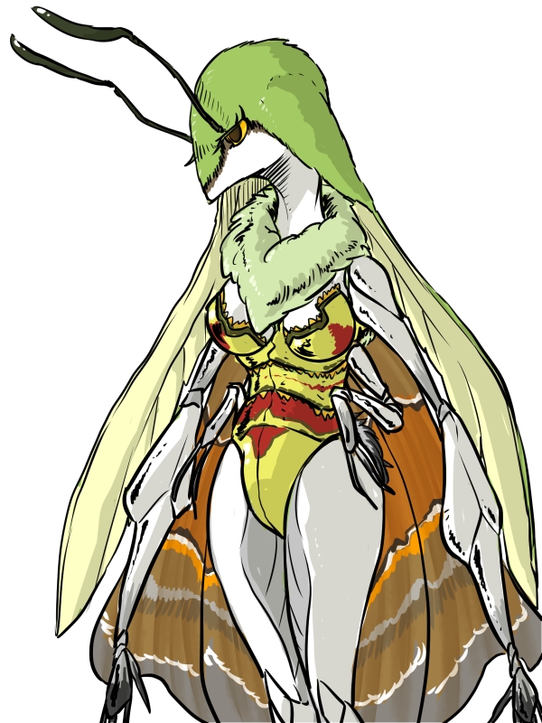 antennae anthro arthropod clothing female fur green_fur insect insectoid moth multi_limb multiple_arms pellucid_hawk_moth plain_background solo standing white_background white_body wide_hips wings yellow_eyes