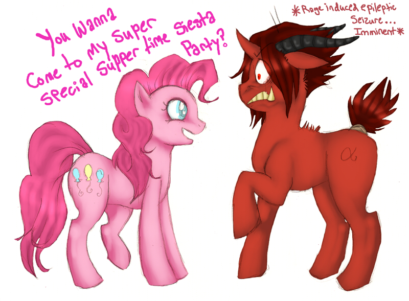 angry brown_fur brown_hair cutie_mark dialog duo english_text equine fangs female feral friendship_is_magic fur hair horn horse humor male mammal my_little_pony nervous pink_fur pink_hair pinkie_pie_(mlp) plain_background pony smile text thames unicorn white_background