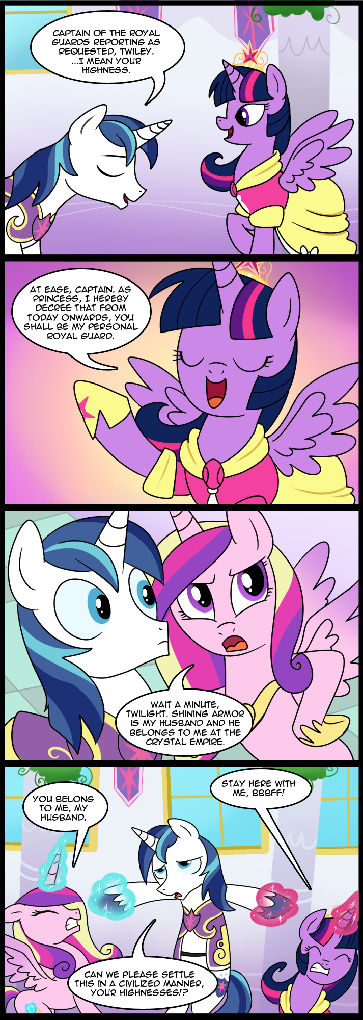 blue_eyes blue_hair comic crown cutie_mark dialog dress english_text equine female feral fight friendship_is_magic glowing gold hair horn horse invalid_color madmax magic male mammal multi-colored_hair my_little_pony necklace pony princess_cadance_(mlp) purple_eyes shining_armor_(mlp) sparkles tan575 text twilight_sparkle_(mlp) window winged_unicorn wings