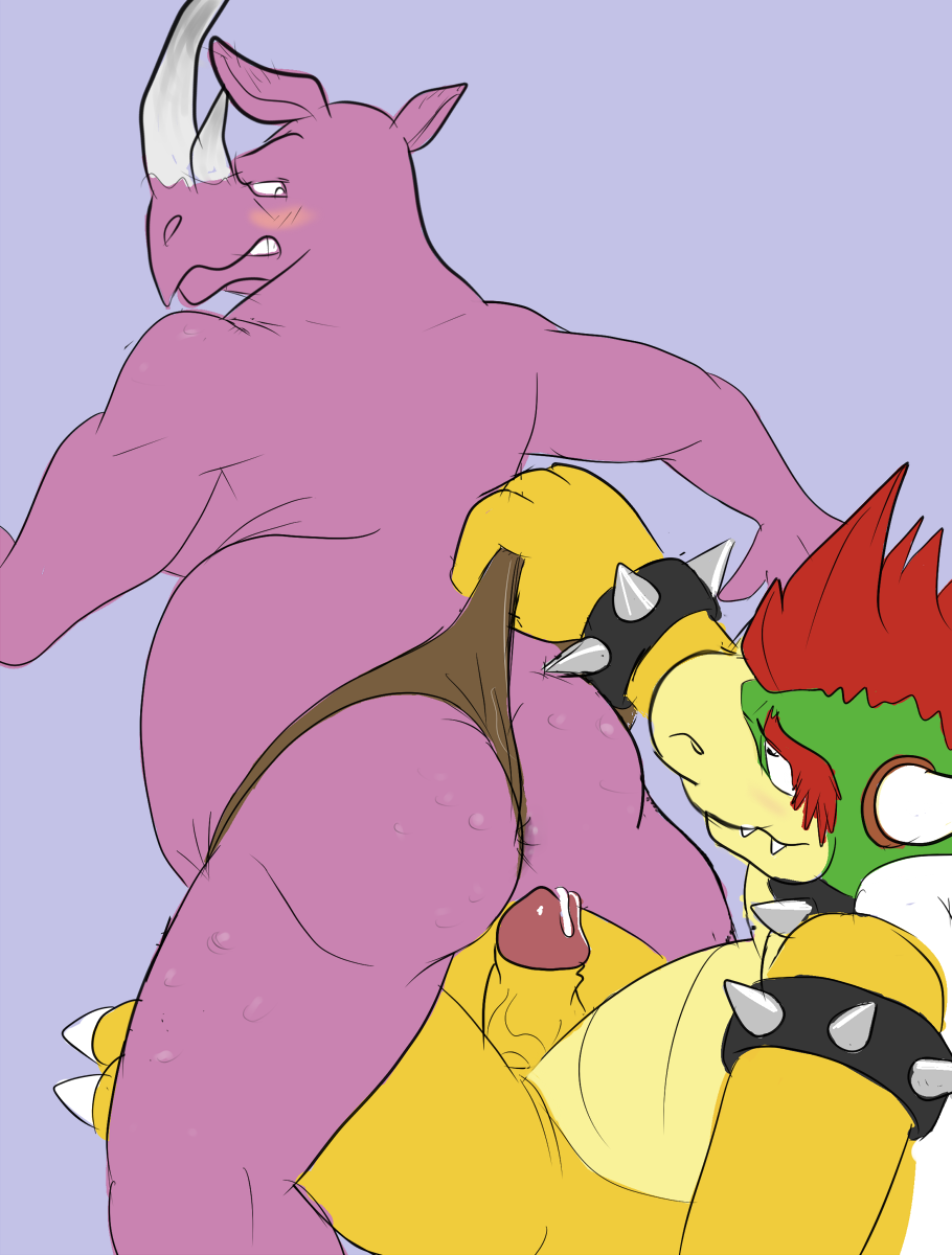 anthro beige_skin biceps big_muscles big_nose black_eyes blue_background blush bowser butt chubby claws clenched_teeth clothed clothing collar crossover cum cum_on_penis erection gay grasp green_skin hair half-dressed half_nude happy hi_res horn king koopa lift looking_back looking_down looking_up lying male mammal mario_bros muscles neff nintendo on_floor on_top penis pink_penis pink_skin plain_background pose precum presenting presenting_hindquarters pull purple_skin raised_arm red_hair reptile rhinoceros royalty scalie sharp_teeth shell shiny short_hair skin smile spiked_collar spikes squint teeth thong turtle uncut underwear vein video_games wedgie white_eyes wristband yellow_skin zerr