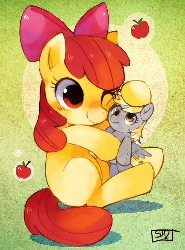 abstract_background apple apple_bloom_(mlp) blush bow cub cute derpy_hooves_(mlp) doll equine female feral friendship_is_magic fruit fur hair holding horse hug mammal my_little_pony one_eye_closed pony red_eyes red_hair signature sitting smile solo suikuzu toy yellow_fur young