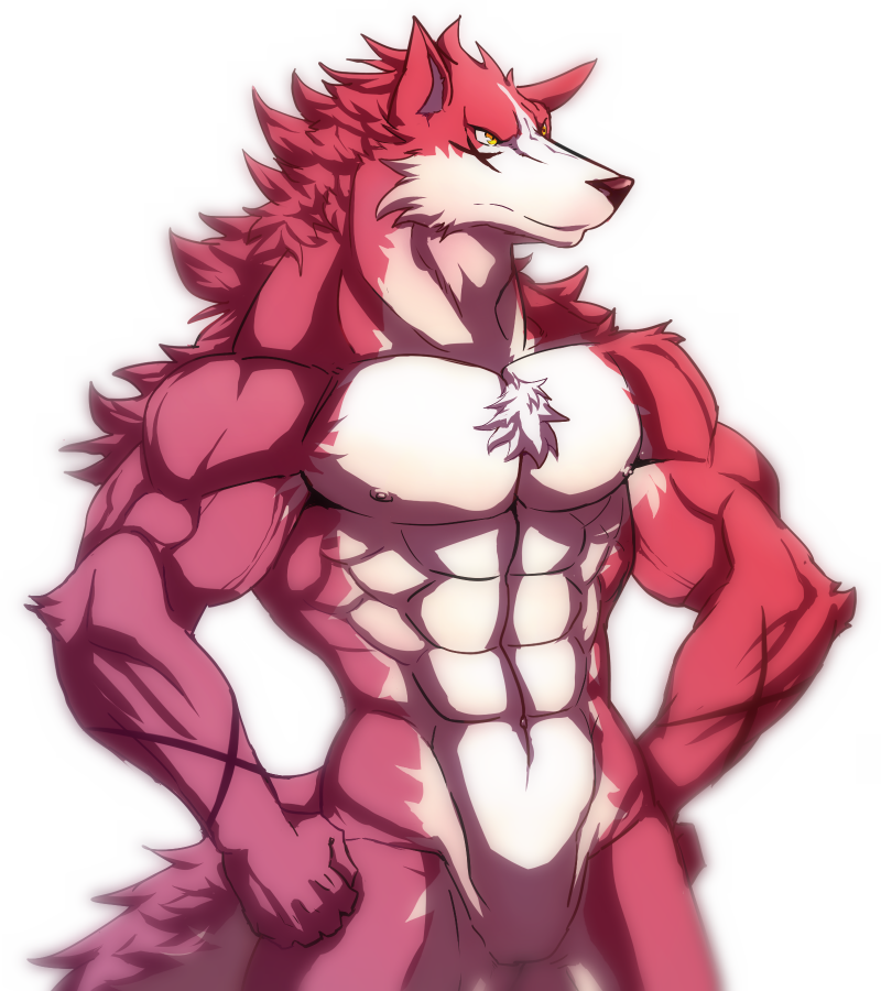 anthro biceps black_nose canine chest_tuft frown fur hair male mammal muscles nipples nude pecs plain_background pose presenting red_fur red_hair scar simon11028 solo standing toned tuft vein white_background white_fur wolf yellow_eyes