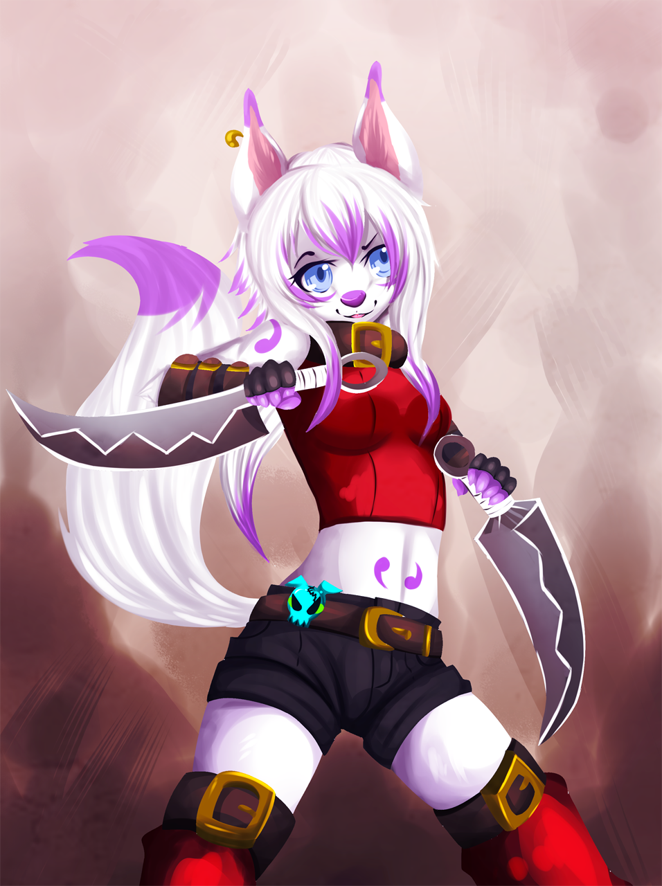 belt blue_eyes buckles canine clothed clothing ear_piercing female fox geekidog hair legwear mammal markings piercing pink_nose purple_nose shorts solo thigh_highs two_tone_hair weapon white_hair