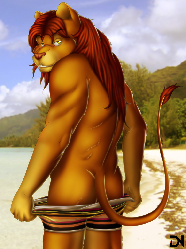 back_turned beach biceps butt clothing dream_and_nightmare feline fur hair lion long_hair looking_at_viewer looking_back male mammal muscles outside pants pants_down pants_pull presenting red_hair seaside sky solo standing swimsuit tail_tuft teasing teeth topless tuft underwear undressing yellow_eyes