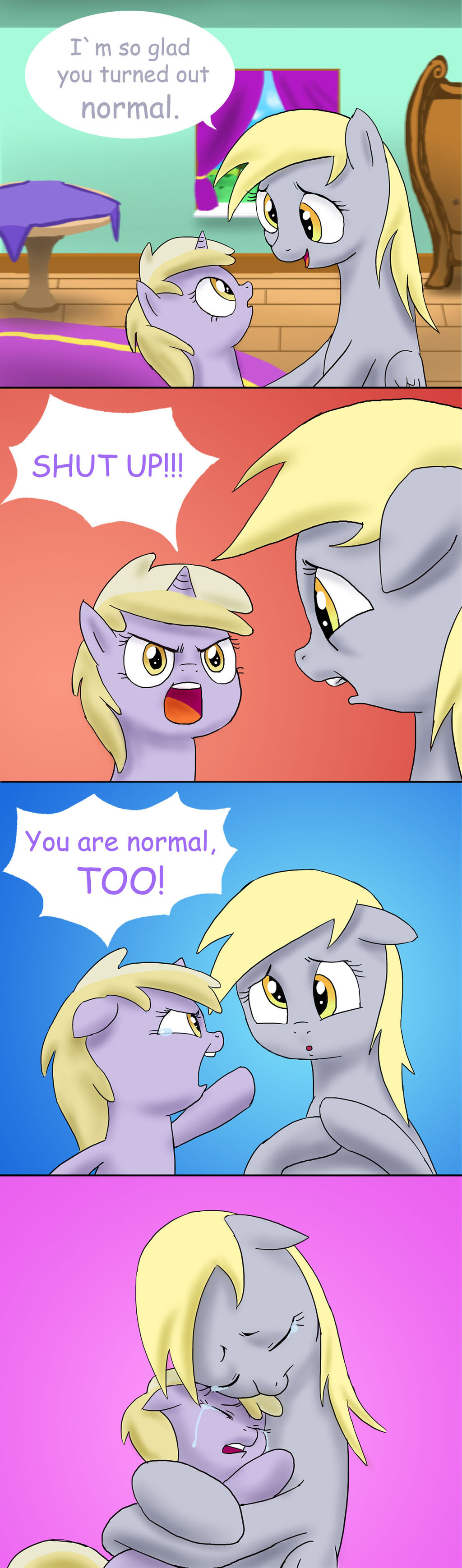 2013 amber_eyes bigger_version_at_the_source blonde_hair blue_background comic cub cute daughter derpy_hooves_(mlp) dialog dinky_hooves_(mlp) doublewbrothers duo english_text equine eye_contact eyes_closed female feral friendship_is_magic grey_fur hair horn horse hug inside mother my_little_pony open_mouth parent pegasus plain_background pony purple_background red_background sitting table tears text tongue unicorn window wings young