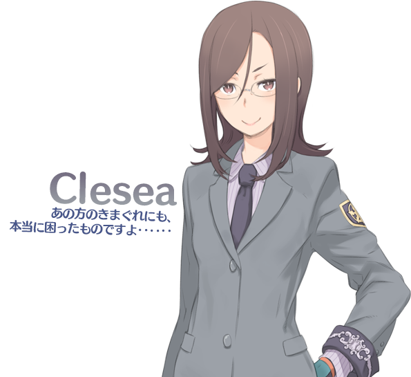 brown_eyes brown_hair character_name clesea_kamishiro glasses kuroboshi_kouhaku looking_at_viewer necktie official_art smile solo summon_night summon_night_5 translation_request transparent_background