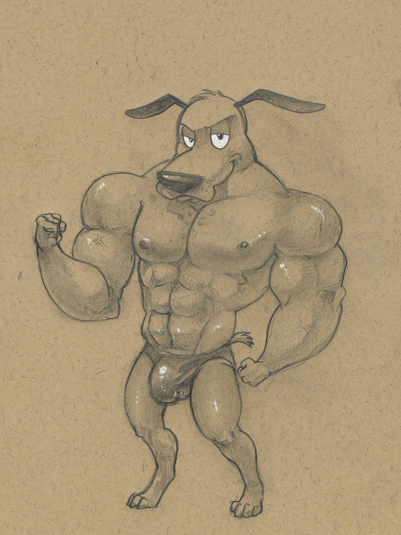 anthro biceps bulge canine courage courage_the_cowardly_dog dog flexing fur grin huge_muscles looking_at_viewer male mammal monochrome muscles nipples pecs pose sepia sketch smile solo speedo standing swimsuit topless tush underwear vein