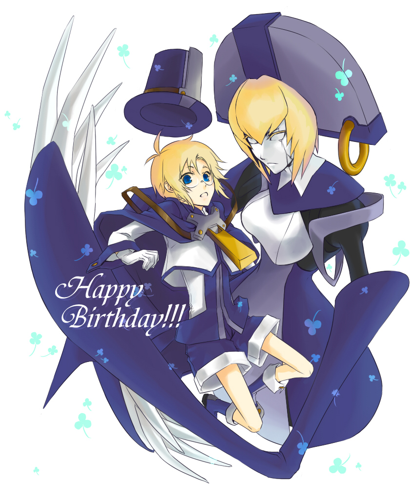 android blazblue blonde_hair blue_eyes breasts cape carl_clover claws glasses gloves happy_birthday hat large_breasts nirvana noco round_eyewear short_hair shorts top_hat white_gloves zipper