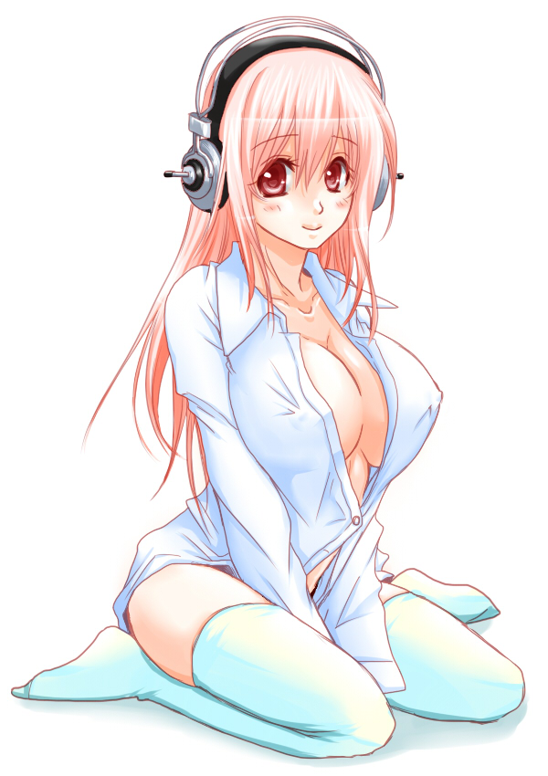 blush bottomless breasts cleavage headphones hishou_kotatsu large_breasts long_hair looking_at_viewer nitroplus no_bra pink_hair red_eyes sitting smile solo super_sonico thighhighs v_arms wariza