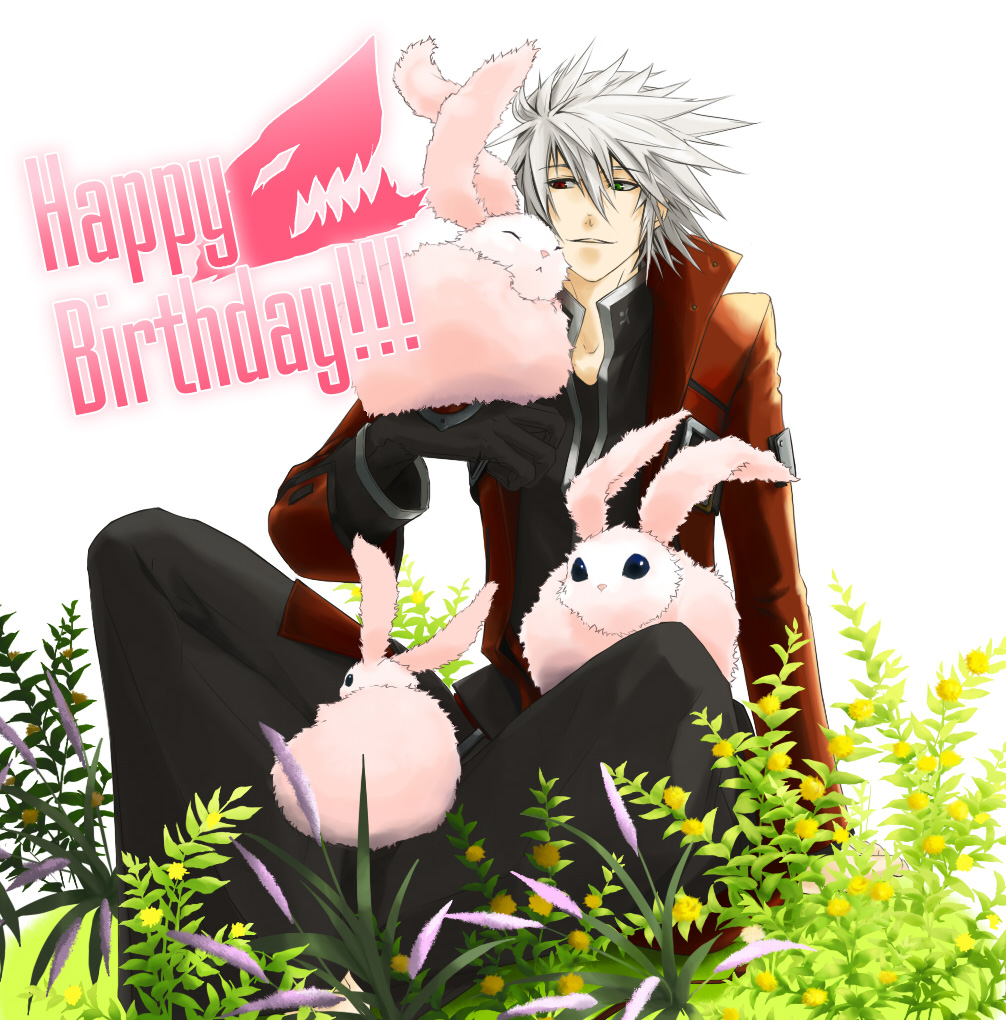 black_gloves blazblue bunny field gloves green_eyes hakama happy_birthday heterochromia jacket japanese_clothes noco ragna_the_bloodedge red_eyes red_jacket silver_hair sitting solo_focus spiked_hair
