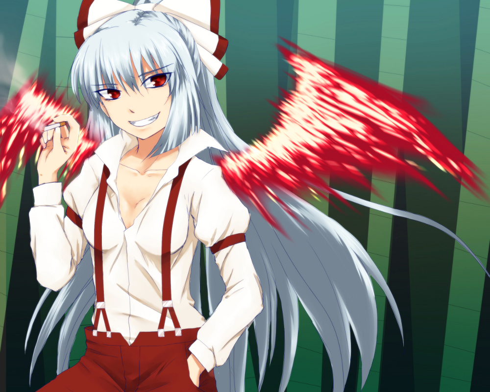 armband bad_id bad_pixiv_id bamboo blue_hair bow breasts cigarette collarbone fire fujiwara_no_mokou grin hair_bow hand_in_pocket hime_cut juliet_sleeves long_hair long_sleeves looking_at_viewer medium_breasts open_clothes open_shirt puffy_sleeves red_eyes shirt smile solo suspenders toshiya_(harukaze) touhou very_long_hair wings