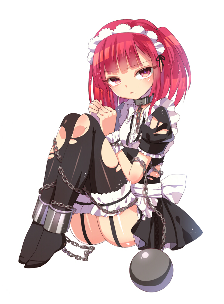 ball_and_chain_restraint bdsm blush bondage bound center_frills chain chinese_commentary collar commentary_request full_body garter_straps looking_at_viewer magi_the_labyrinth_of_magic maid maid_headdress metal_collar morgiana mvv no_shoes red_eyes red_hair sitting slave solo thighhighs torn_clothes underbust