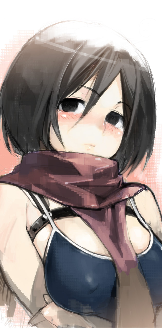 black_eyes black_hair blush breasts competition_school_swimsuit covered_nipples highres large_breasts looking_at_viewer mikasa_ackerman namaniku_atk one-piece_swimsuit scarf shingeki_no_kyojin short_hair solo swimsuit upper_body