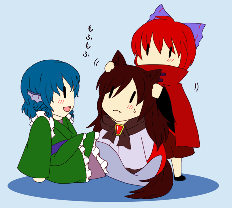 animal_ears bad_id bad_pixiv_id blue_hair blush bow brooch brown_hair cape double_dealing_character dress fang frills grass_root_youkai_network hair_bow hand_on_another's_head head_fins imaizumi_kagerou japanese_clothes jewelry long_hair long_sleeves mermaid monster_girl multiple_girls obi open_mouth red_hair sash sekibanki short_hair skirt sunshinek tail touhou wakasagihime wolf_ears wolf_tail |_|