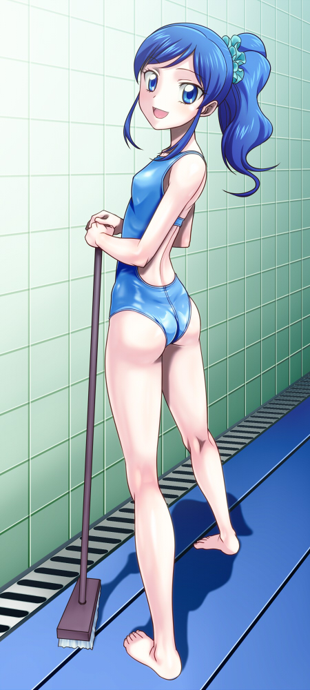 aikatsu! aikatsu!_(series) ass blue_eyes blue_hair broom competition_swimsuit from_behind kiriya_aoi long_hair looking_back muhi11234 one-piece_swimsuit ponytail swimsuit
