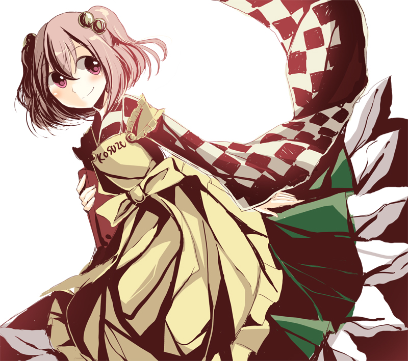 apron bad_id bad_pixiv_id bell book character_name checkered clothes_writing hair_bell hair_ornament japanese_clothes kaede_(mmkeyy) motoori_kosuzu orange_hair purple_eyes smile touhou two_side_up white_background wide_sleeves