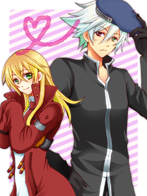 1girl beret black_gloves blazblue blonde_hair cosplay costume_switch gloves green_eyes hat heart height_difference hetero jacket long_hair magariku noel_vermillion oversized_clothes popped_collar ragna_the_bloodedge red_eyes red_jacket short_hair silver_hair smile spiked_hair sweatdrop