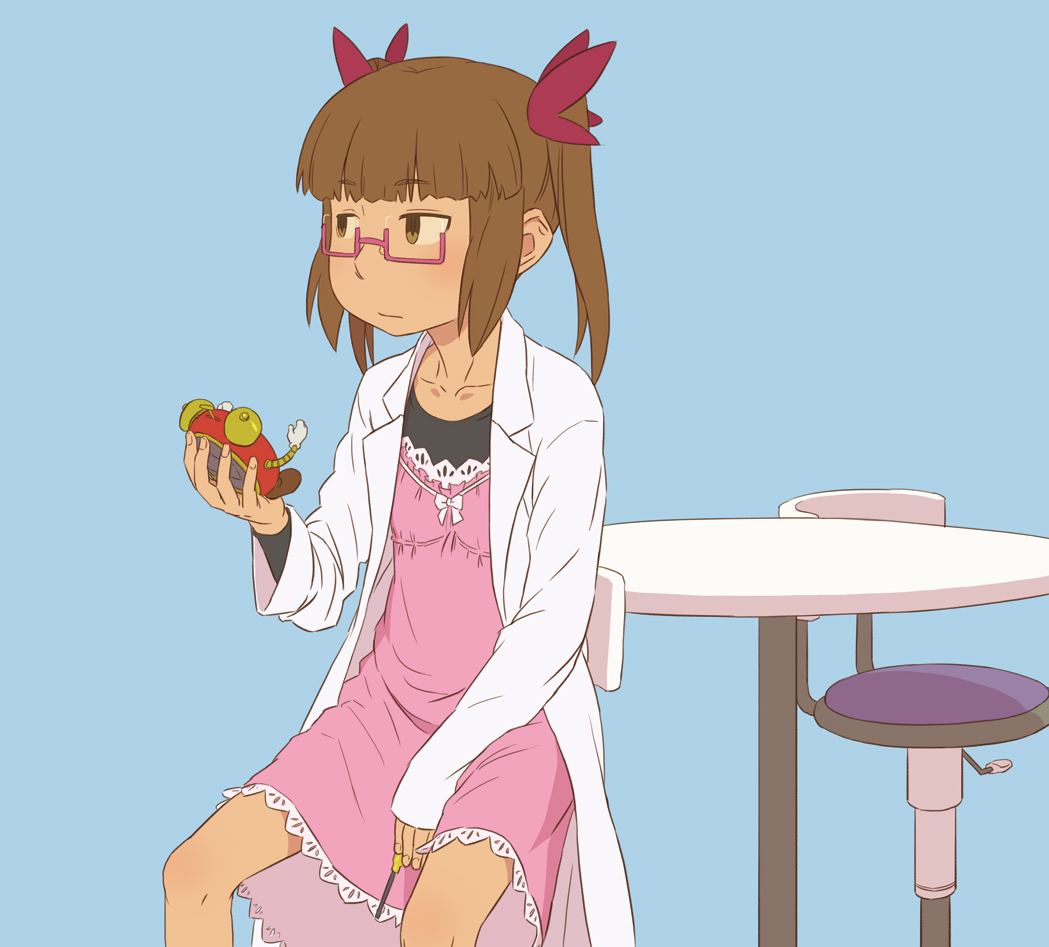 1girl blue_background brown_eyes brown_hair chair clock dress ebinera flat_gaze frown glasses hair_ribbon idolmaster idolmaster_cinderella_girls ikebukuro_akiha labcoat long_hair pink-framed_glasses ribbon semi-rimless_glasses simple_background sitting solo standing table twintails