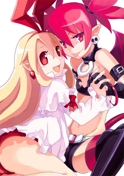 bare_shoulders belt blonde_hair buckle choker demon_girl demon_tail disgaea earrings elbow_gloves etna fang flonne flonne_(fallen_angel) gloves holding_hands isiko1121 jewelry leotard long_hair looking_at_viewer midriff multiple_girls navel open_mouth pointy_ears red_eyes red_hair red_leotard short_shorts short_twintails shorts skull tail thighhighs tongue tongue_out twintails wings