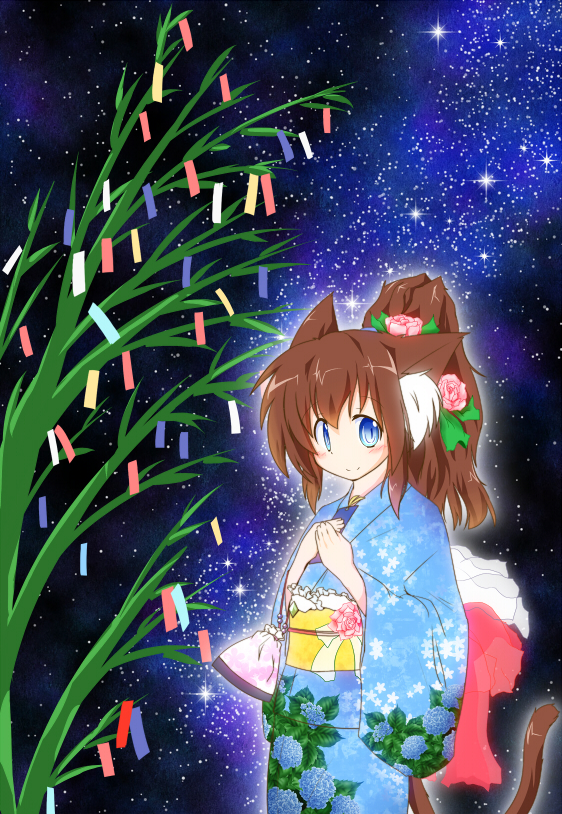 animal_ears bamboo blue_eyes blue_kimono brown_hair commentary flower hair_flower hair_ornament hands_on_own_chest japanese_clothes kimono kinchaku long_hair milky_way night night_sky obi original pouch sash sky smile solo star_(sky) tail tanabata tanzaku tateneko yukata