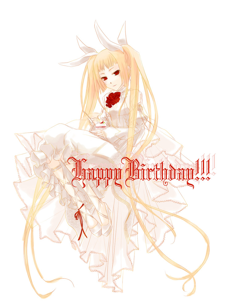 alternate_costume blazblue blonde_hair cake cross-laced_footwear dress flat_chest flower food fork frilled_dress frills hair_ribbon happy_birthday lace-up_heels long_hair noco rachel_alucard red_eyes red_flower red_rose ribbon rose sitting solo twintails very_long_hair white_dress