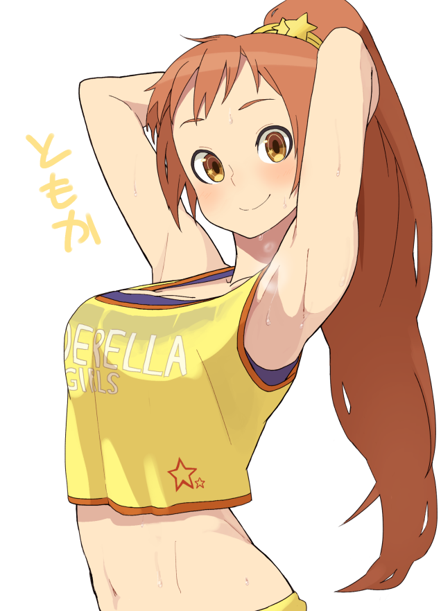 accio armpits arms_behind_head bad_id bad_pixiv_id blush idolmaster idolmaster_cinderella_girls long_hair midriff navel orange_hair ponytail sleeveless smell smile solo star sweat very_long_hair wakabayashi_tomoka white_background yellow_eyes