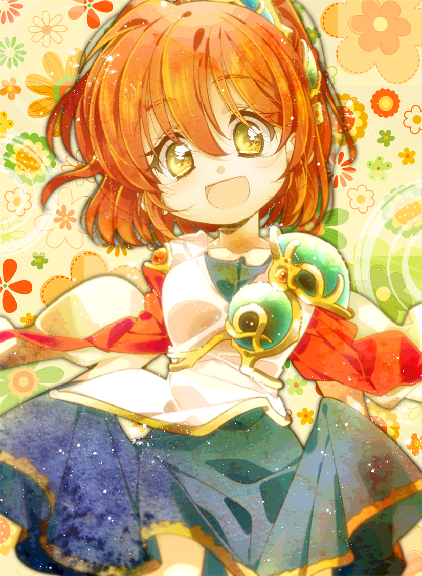 :d arle_nadja bad_id bad_pixiv_id blue_skirt brown_hair capelet floral_background madou_monogatari misaka_(missa) open_mouth puyopuyo red_capelet short_hair skirt smile solo yellow_eyes