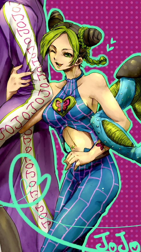 2girls black_hair double_bun green_hair jojo_no_kimyou_na_bouken kuujou_jolyne kuujou_joutarou locked_arms multicolored_hair multiple_girls one_eye_closed stand_(jojo) stone_free two-tone_hair wanyuwa