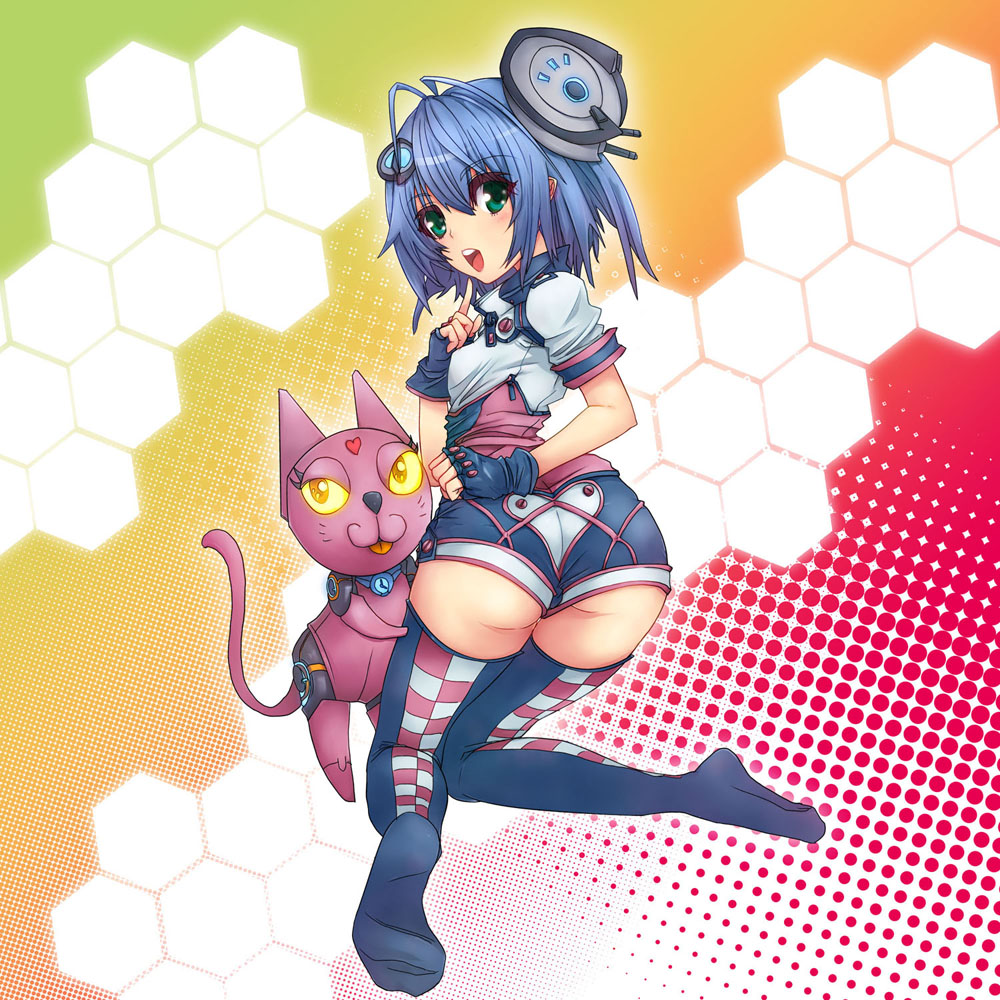 :d ass blue_hair chikuwa_udon creature fingerless_gloves from_behind full_body gloves green_eyes hexagon looking_at_viewer machinery open_mouth original robot short_hair smile solo tareme thighhighs