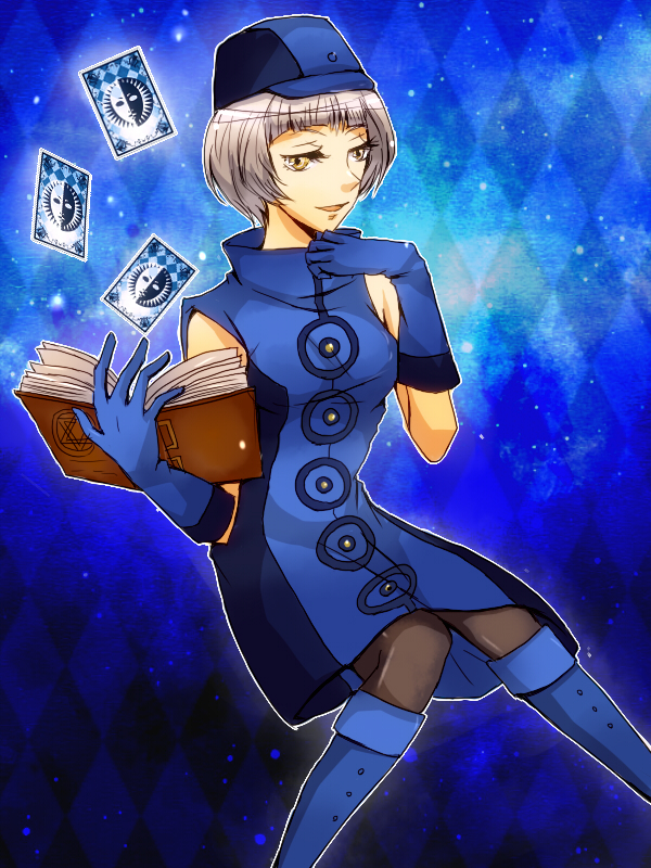 bare_shoulders book boots card dress elizabeth_(persona) gloves hat pantyhose persona persona_3 short_hair sleeveless sleeveless_dress smile solo white_hair yellow_eyes