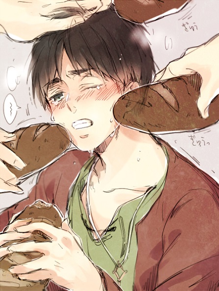 ;o artist_request black_hair blue_eyes blush bread brown_jacket collarbone eren_yeager food holding holding_food jacket non-web_source one_eye_closed parted_lips pink_background sexually_suggestive shingeki_no_kyojin simple_background upper_body wince