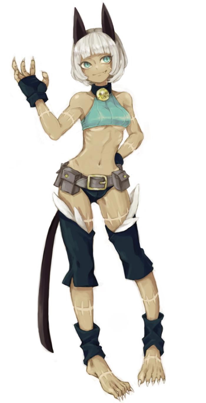 animal_ears bare_shoulders barefoot bell bell_collar belt belt_pouch blue_eyes bob_cut breasts cat_ears cat_tail chacapoco claws collar dark_skin fang fingerless_gloves fingernails full_body gloves hand_on_hip highres knee_pads leg_warmers medium_breasts midriff ms._fortune_(skullgirls) pouch scar sharp_fingernails sharp_toenails short_hair skullgirls smile solo tail toenails underboob white_hair
