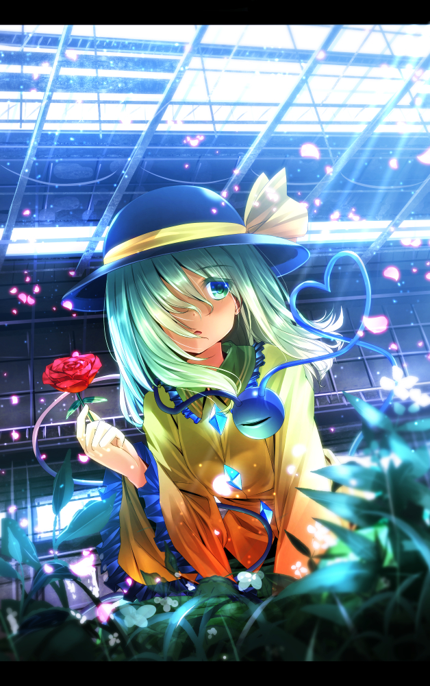 flower green_eyes green_hair hair_over_one_eye hat hat_ribbon holding komeiji_koishi letterboxed md5_mismatch red_flower red_rose ribbon rose ryosios solo third_eye touhou