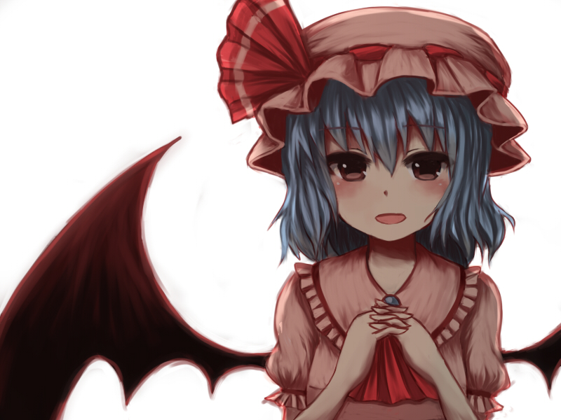 bat_wings blue_hair blush hands_clasped hat hat_ribbon own_hands_together raayu_(meltaway) red_eyes remilia_scarlet ribbon short_hair solo touhou wings