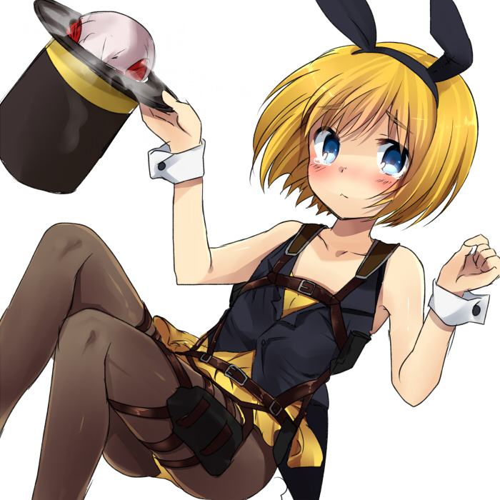 1boy androgynous animal_ears armin_arlert blonde_hair blue_eyes blush bunny_ears bunnysuit crossdressing fake_animal_ears hairband hat holding magician male male_focus marimo_danshaku pantyhose shingeki_no_kyojin short_hair simple_background skirt solo three-dimensional_maneuver_gear top_hat trap usamin vest white_background wrist_cuffs