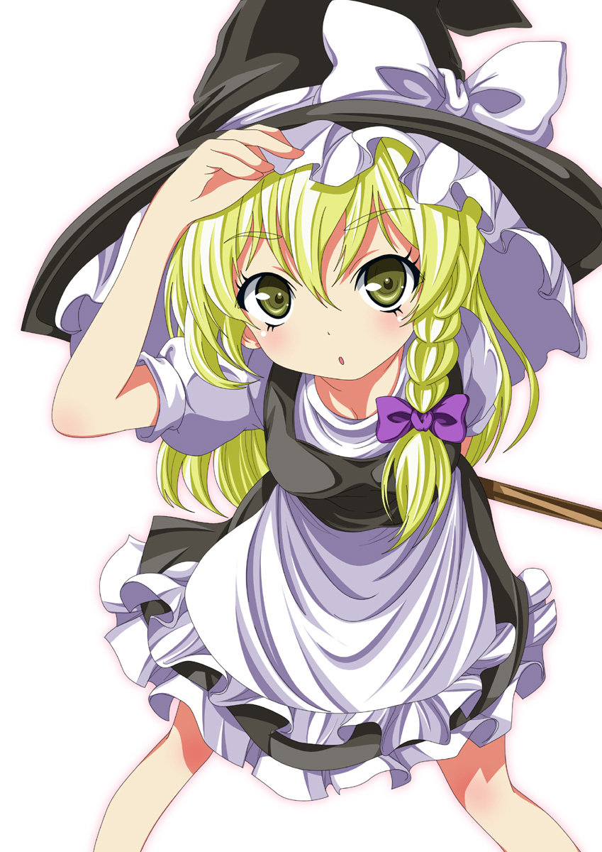 adjusting_clothes adjusting_hat apron black_dress blonde_hair bow braid dress hair_ribbon hat hat_bow highres kirisame_marisa long_hair looking_at_viewer ma-yu open_mouth puffy_sleeves ribbon short_sleeves simple_background single_braid solo touhou waist_apron white_background white_bow witch_hat yellow_eyes