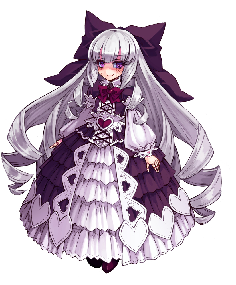 doll doll_joints dress full_body hair_ornament hair_ribbon kenkou_cross living_doll_(monster_girl_encyclopedia) lolita_fashion long_hair looking_at_viewer monster_girl_encyclopedia official_art purple_eyes ribbon silver_hair simple_background skirt smile solo white_background