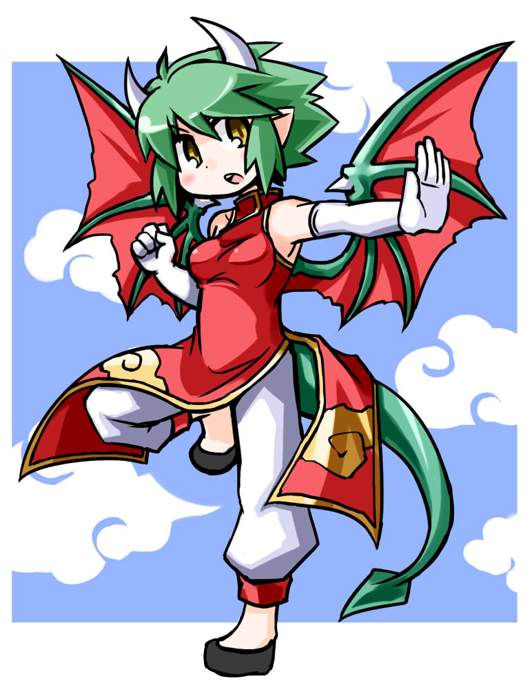china_dress chinese_clothes clenched_hand draco_centauros dragon_girl dragon_horns dragon_tail dragon_wings dress elbow_gloves full_body gloves green_hair horns kugelschreiber madou_monogatari pants pointy_ears puyopuyo red_wings shoes short_hair solo standing standing_on_one_leg tail white_gloves wings yellow_eyes